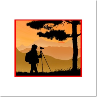 Silhouette photographer with camera on top of mountain Posters and Art